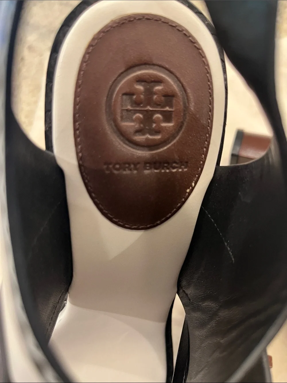 Tory Burch White & Brown Strappy Block Heel Sandals with Black Trim